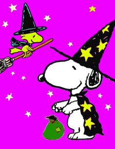 a cartoon dog wearing a witches hat and holding a broom