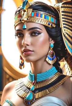 an egyptian woman with blue and gold jewelry on her head, looking to the side