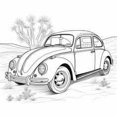 a black and white drawing of a vw bug in the desert