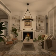 a living room filled with furniture and a fire place in the middle of a room