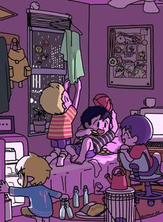 three children in a bedroom with purple walls