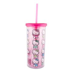 the hello kitty tumbler cup is pink with hello kitty characters on it and has a straw