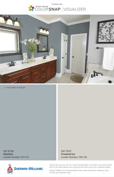 a bathroom with gray walls and white trim, the color is sherwinon - williams