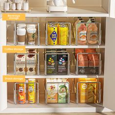 an organized kitchen shelf filled with coffee, tea and other items to make it easier for people to store