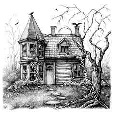 a drawing of a house in the woods