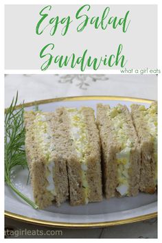 egg salad sandwich on a plate with text overlay