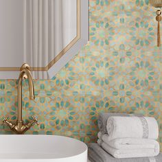 Amira Green Moroccan Pattern Porcelain Tiles Green Moroccan Bathroom, Kismet House Bathroom, Mid Century Moroccan, Colorful Tile Bathroom, Fun Bathroom Tile, Warm Neutral Bathroom, Meditation Bathroom, Mediterranean Bathroom Design Ideas, Rustic Boho Bathroom