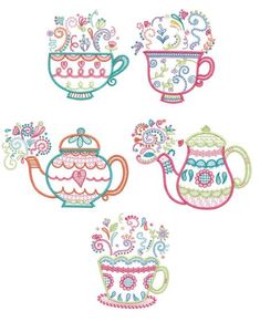 four teapots with flowers and paisley designs in different colors, each one is machine embroidery