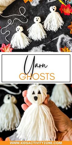 a hand holding a white yarn ghost on top of a black surface with text overlay that says yarn ghosts