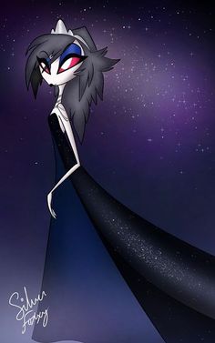 an anime character in a long black dress with red, white and blue eyes standing under the stars