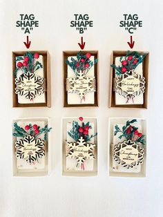 four christmas ornaments in boxes on a table with other decorations and items to make them look like snowflakes