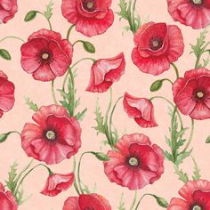 watercolor painting of red flowers and green leaves on a pink background, seamless