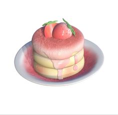 there is a cake on the plate with strawberries on top and pink frosting