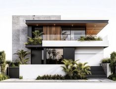 an architectural rendering of a modern house with palm trees in the front yard and stairs leading up to it