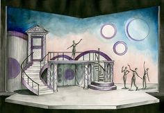 a drawing of a stage set with people on it