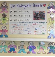 a bulletin board with children's paper cutouts on it that says, our kindergartie promise