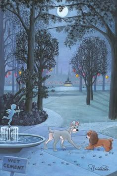 a painting of two dogs playing in the snow with a fountain and park scene behind them