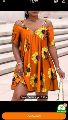 Uncover incredible deals and embrace a seamless shopping spree on Temu! 😊 👉 item link: https://temu.to/m/u57r961jcx3 🎉 Exclusive deal[$1.24]  ⚠️ Every New App User can only enjoy once Plus Size Sunflower Print Cold Shoulder Dress, Casual Chain Detail Short Sleeve Dress For Spring & Summer, Women's Plus Size Clothing Sukienki Plus Size, Stitching Dresses, American Casual, Sunflower Print, African Design Dresses, Plus Size Kleidung, Vestido Casual, Casual Summer Outfit, African Fashion Dresses