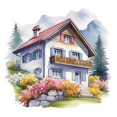 a watercolor painting of a house with flowers and mountains in the backgroud