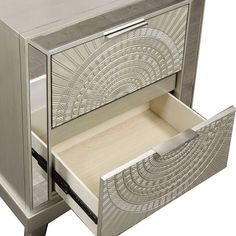 an image of a silver cabinet with drawers