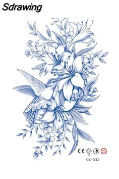 a drawing of flowers and birds on a white background