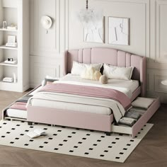 a bed with a pink headboard and foot board in a white room next to bookshelves