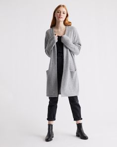 Part sweater, part coat, 100% cozy. This is the piece you’ll turn to every time there’s a chill in the air. Designed with a relaxed fit, our Superfine Merino Wool Sweater Coat is easy to layer over jeans or with one of our tencel dresses for a casual, laidback look. It’s so soft and comfy you might never take it off.  | Quince | Women's Superfine Merino Wool Sweater Coat in Heather Grey, Size Small Summer In San Francisco, Tencel Dress, Heather Brown, Navy And Brown, Sweater Coat, Blue White And Black, Merino Wool Sweater, Sweater Coats, Wool Sweater