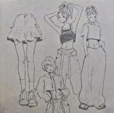 three girls in different outfits standing next to each other with their hands on their hipss