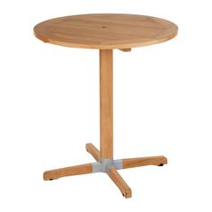 a wooden table with two legs and a small round top on an isolated white background