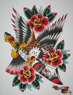 an old school style tattoo with flowers and birds on it