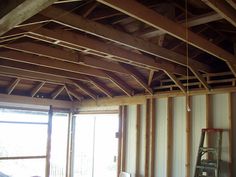 the inside of a house being built with wood framing