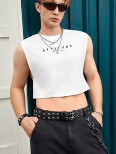 Branco Casual Collar Sem Mangas Tecido de malha Letra  Embellished Elasticidade Média Crop Top Hombre, Men Crop Top Outfit, Men In Crop Tops, Guy Crop Top, Men Crop Top, Crop Top Men, Male Crop Top, Mens Crop Top, Masc Fashion