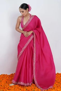 Shop for Rashi Jain Pink Viscose Georgette Gullal Saree With Halter Neck Blouse for Women Online at Aza Fashions Organza Sarees Pink, Halter Neck Indian Blouse, Halter Neck Blouse Designs Saree, Halterneck Saree Blouse, Plain Saree Work Ideas, Halter Neck Kurti Designs Latest, Halterneck Blouse Designs, Sleeveless Party Wear Blouse, White Halter Neck Blouse