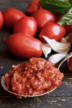 a spoon full of tomato sauce next to some garlic and red peppers on a wooden table