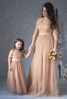 Mommy and me dress Matching long gold dress Mother daughter | Etsy Mom Daughter Matching Outfits Mommy And Me, Elegant Gold Tulle Dress, Spring Wedding Gold Gown, Gold Floor-length Bridesmaid Dress, Elegant Tulle Dress For Mother Of The Bride, Fitted Tulle Dress For Mother Of The Bride, Spring Wedding Gold Evening Dress, Gold Tulle Dress For Spring, Beige Gown For Spring Party