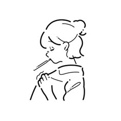 a black and white drawing of a woman brushing her teeth