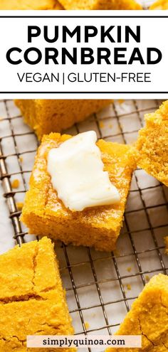 pumpkin cornbread vegan gluten - free dessert on a cooling rack with the text overlay