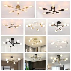 multiple images of different lights in various shapes and sizes, including one with bulbs on the ceiling