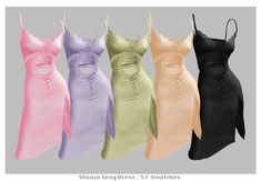 four different colored dresses with straps on them