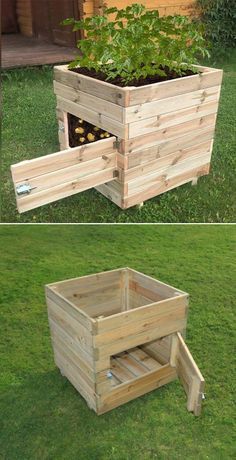 a wooden planter sitting on top of a lush green field