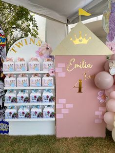 a pink princess birthday party with balloons and decorations on the grass at an outdoor event