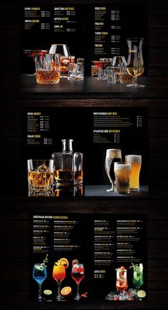 a menu with different types of glasses and drinks on the front, side by side