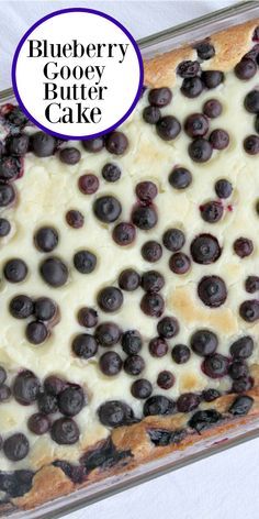 a blueberry cookie butter cake in a glass baking dish