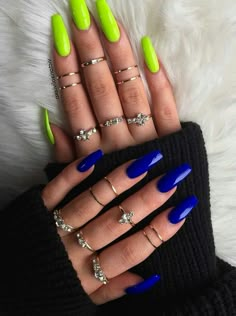 Navy Blue And Neon Green Nails, Neon Nails Colors, Nails 2 Different Colors On Each Hand, Both Hands Different Color Nails, Two Different Nail Colors On Each Hand, Simple Acrylic Coffin, Two Different Colored Nails On Each Hand, Coffin Nails Designs Ideas, Bright Gel Nails