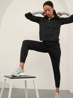 FOR: Medium to high-impact workouts at the gym, studio, or outdoors FEEL: Flex Fleece fabric has a cozy, brushed feel with all-around stretch FAVE: Thumbholes hold sleeves in place and keep warmth in Semi-fitted, skims easily over the body Regular length, hits at low hip. Sporty Half-zip Sweats For Loungewear, Athleisure Sweatshirt With Ribbed Cuffs For Gym, Relaxed Fit Sportswear Sweatshirt For Workout, Sports Half-zip Sweatshirt With Ribbed Cuffs, Half-zip Sports Sweatshirt With Ribbed Cuffs, Half-zip Sweatshirt With Ribbed Cuffs For Sports, Half-zip Athleisure Activewear For Loungewear, Athleisure Sports Sweatshirt With Ribbed Cuffs, Athleisure Sweatshirt With Ribbed Cuffs For Sports