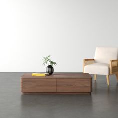 a living room with a chair, coffee table and potted plant on top of it