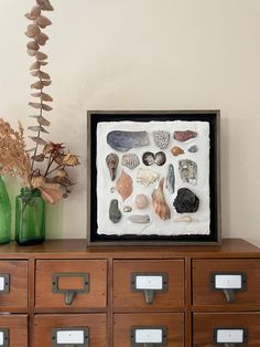 a wooden cabinet with drawers and some shells on it next to a vase filled with flowers