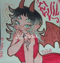 a drawing of a devil girl with horns