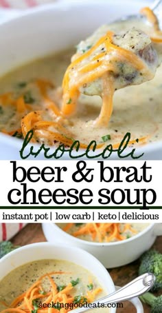 broccoli beer and brat cheese soup in a white bowl