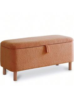 an orange bench with wooden legs and a cushion on the seat is shown in front of a white background